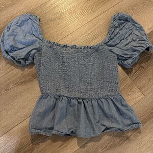 J Crew Puff Sleeve Peplum Chambray Denim Style Short Sleeve Too Size XS
